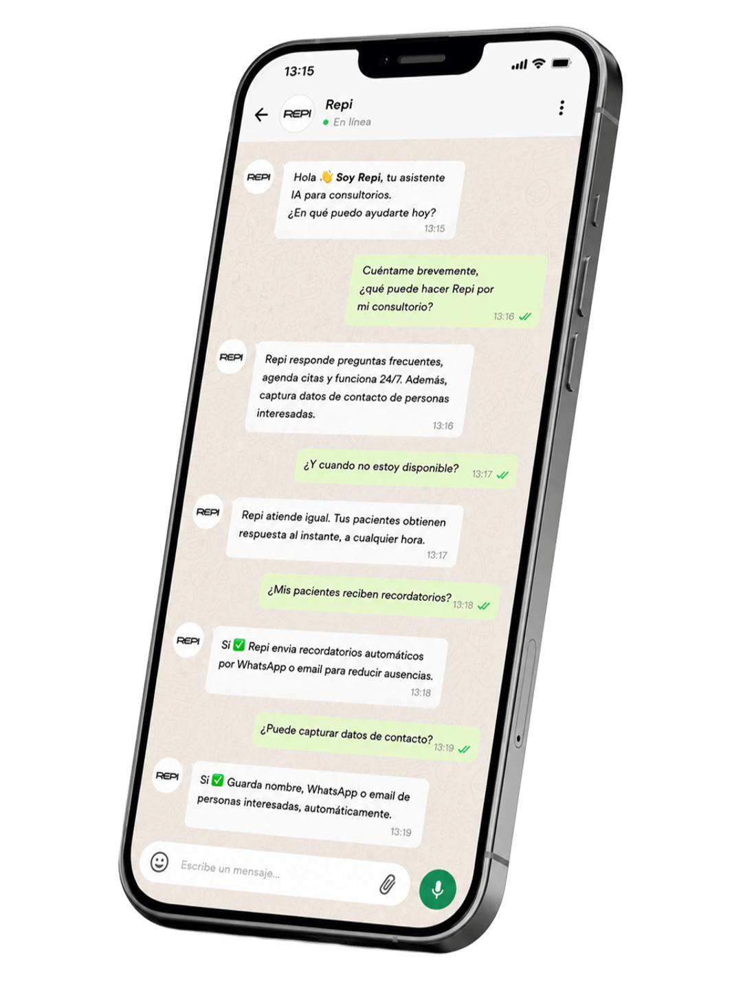 Chat de Repi respondiendo preguntas frecuentes en WhatsApp
