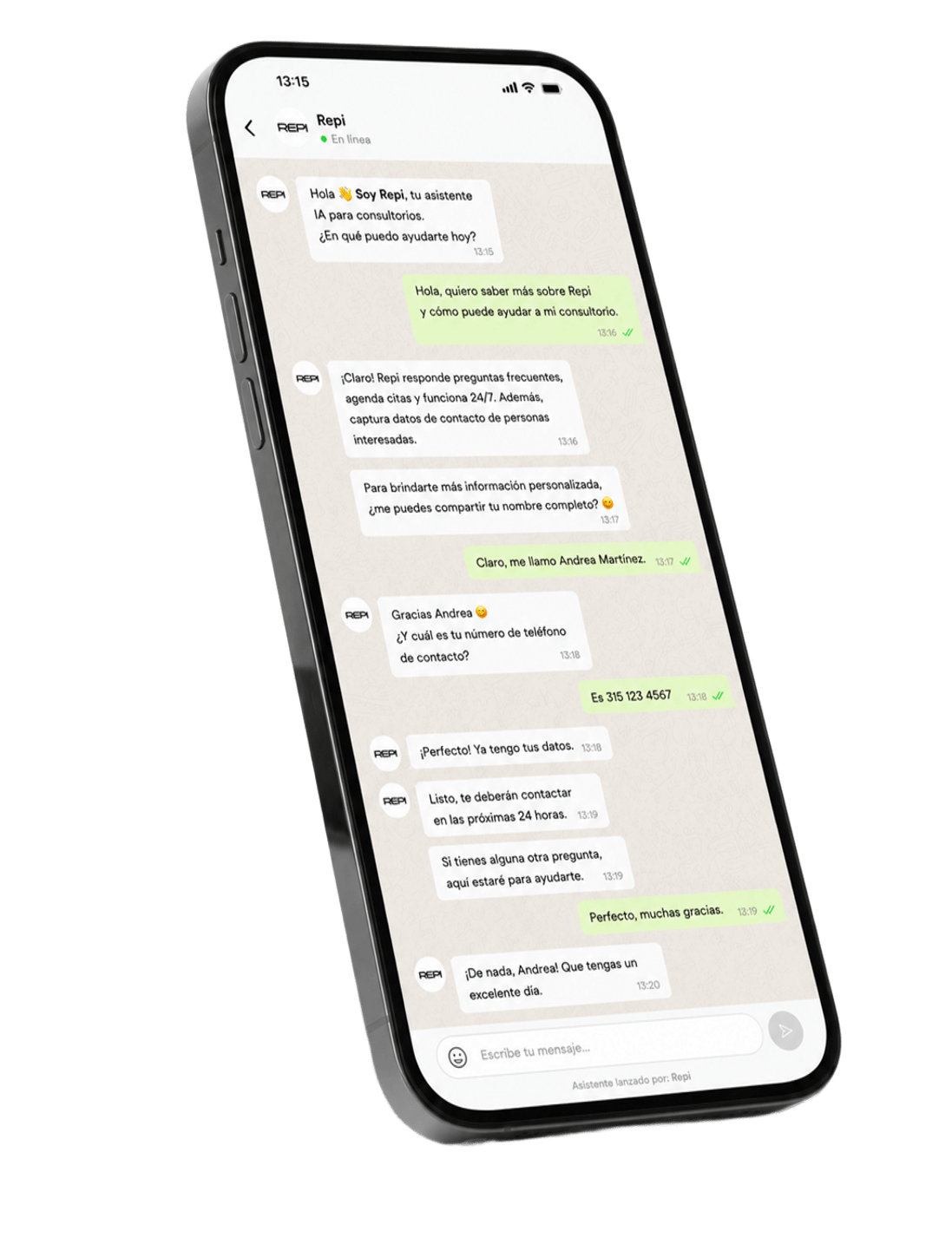 Chat de Repi capturando el nombre y teléfono de un cliente interesado
