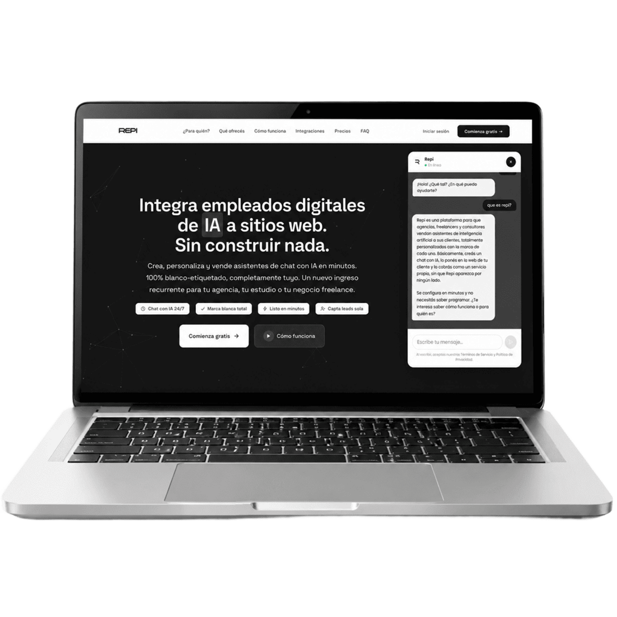 Widget de chat de Repi abierto sobre la web de un cliente en una laptop, mostrando la conversación con el asistente