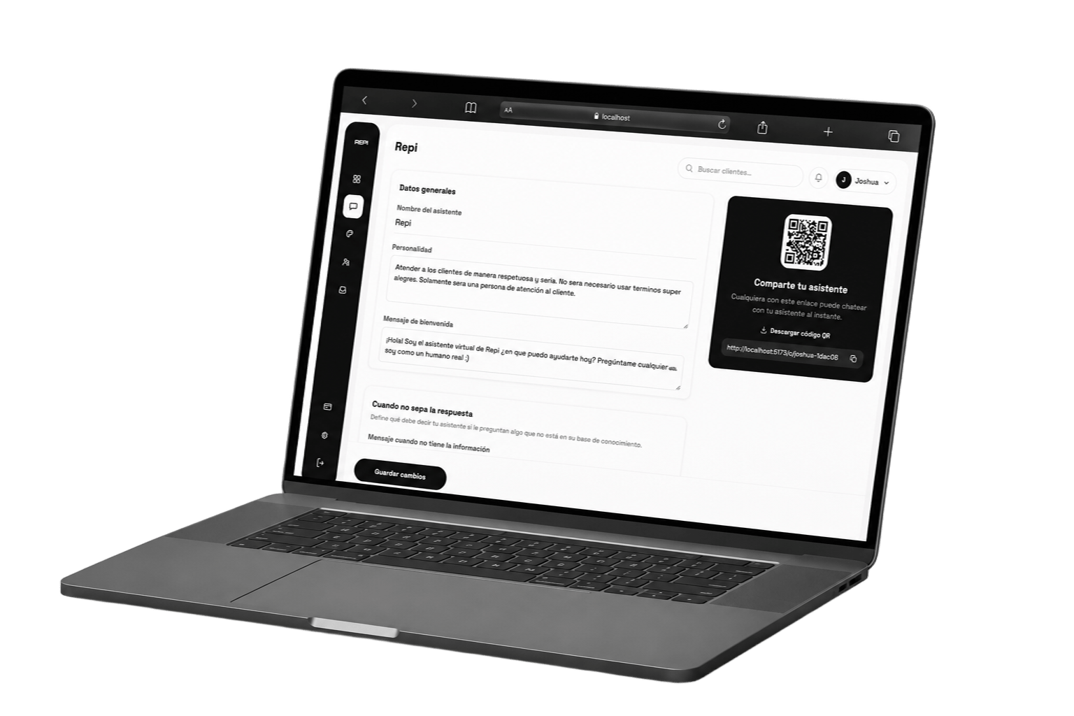 Panel real de Repi mostrando la personalización del asistente: nombre, personalidad, mensaje de bienvenida y código QR para compartir