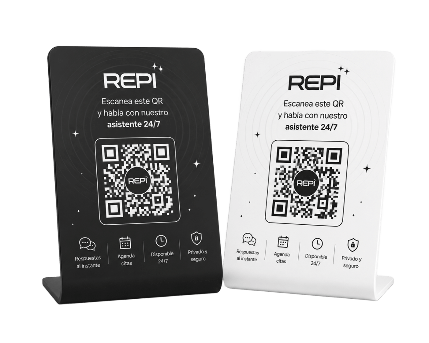 Standees de mesa con código QR de Repi para hablar con el asistente